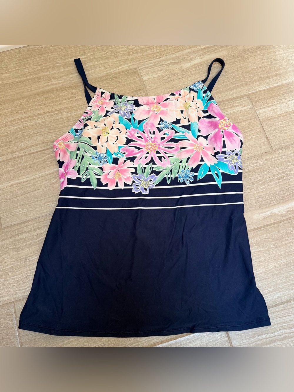 Beach House Navy Swim Top with Tropical Pink & Teal Accents size 16